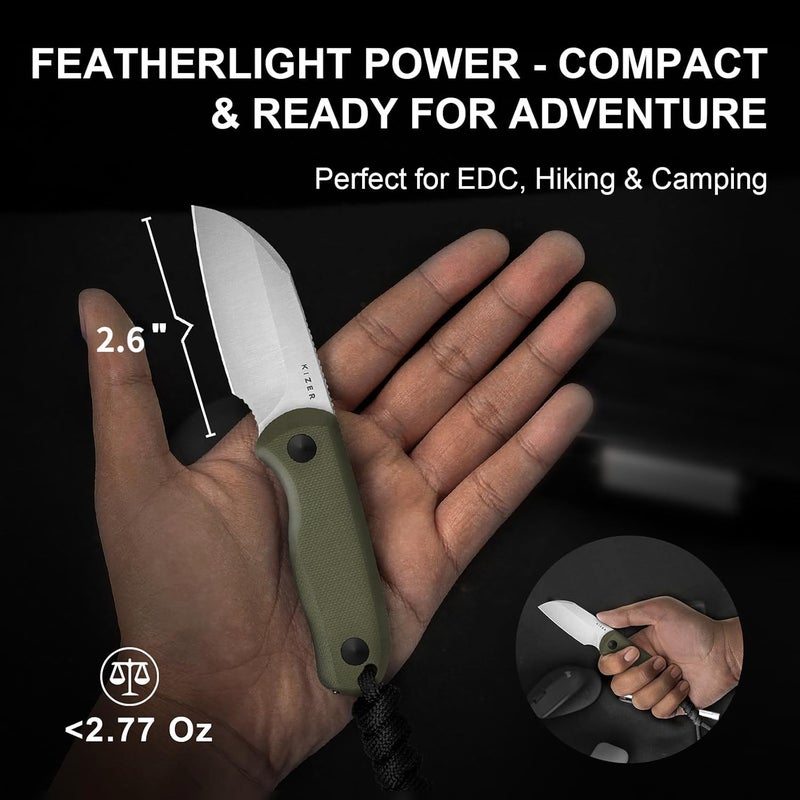 KIZER Drop Bear Fixed Blade Knife, 2.6" AEB-L Satin Blade EDC Camping Knife with Olive Green G10 Handle & Hidden Tools, Outdoor Full Tang Hunting Survival Knives with Adjustable Kydex Sheath 1093A1 - Image 2